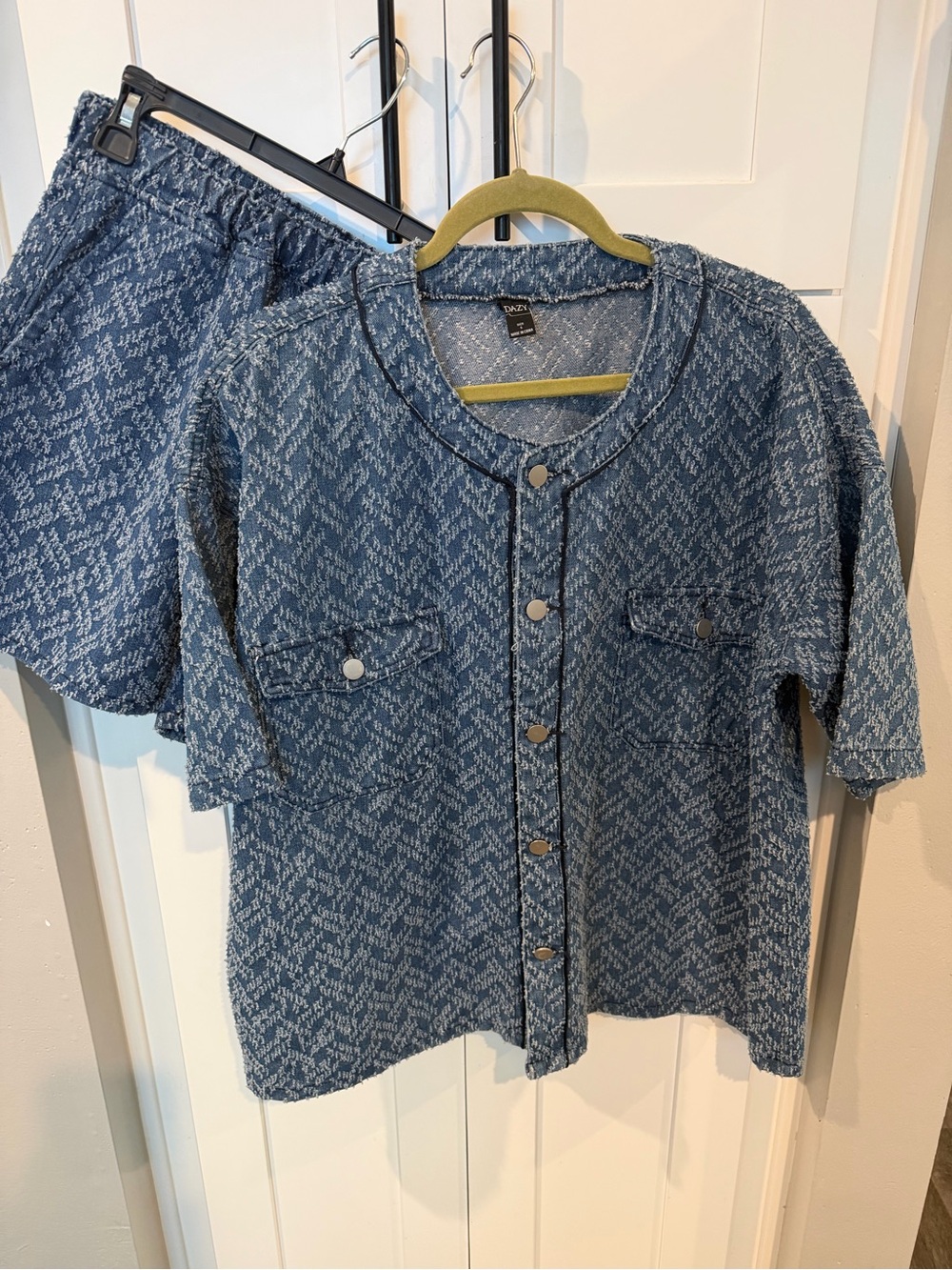 Oversized Denim-Style Cotton Blue Button Front Shirt and Shorts Set